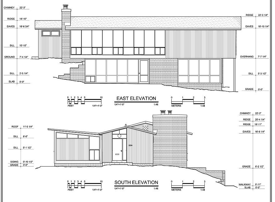 Measured drawing of a Hollin Hills house: a window wall above a lower level set into the slope, and a butterfly roof on the street side.