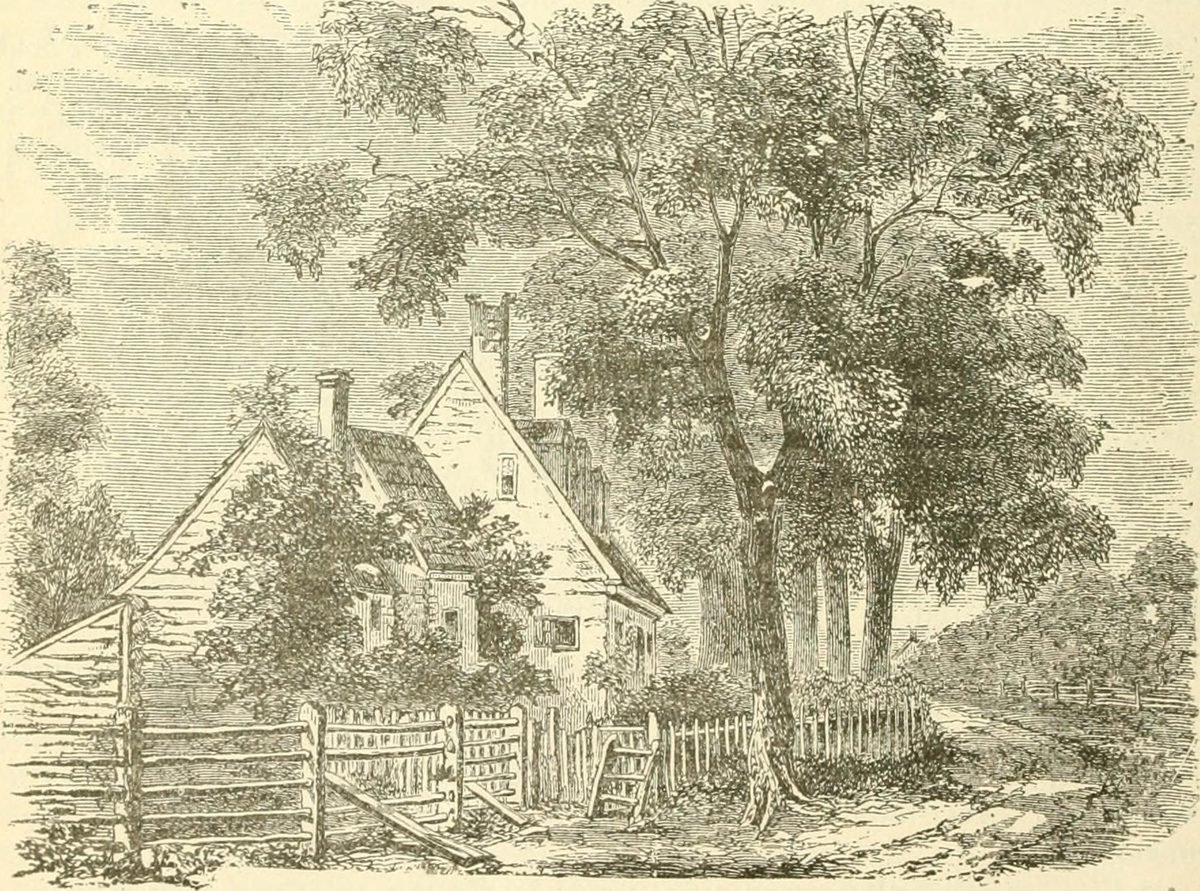 Engraving of an old Fairfax farmhouse behind a rail fence, with a large tree beside it.