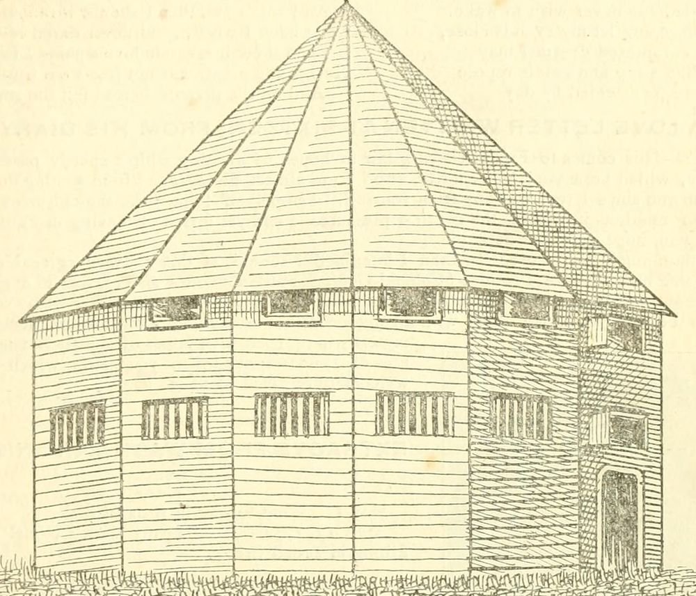 Engraving of a sixteen-sided wooden barn with a tall pointed roof.